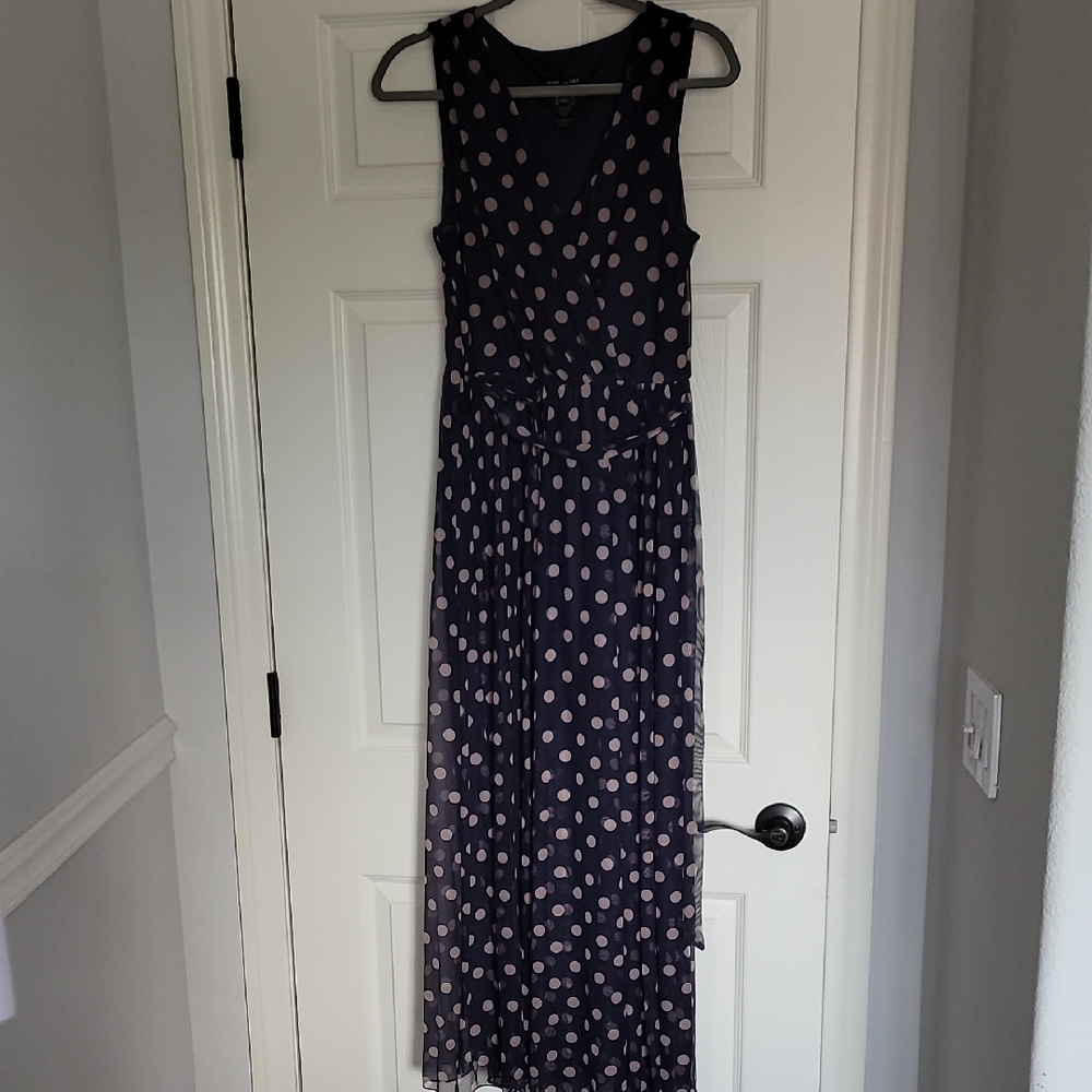 Chic Navy Blue and Cream Polka Dot Maxi Dress